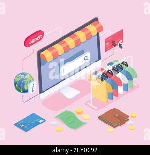Achat e-commerce concept isométrique avec composition de vêtements d'ordinateur de bureau illustration de vecteur de cartes de crédit et d'argent comptant Illustration de Vecteur
