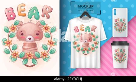 Affiche et marchandisage de l'ours mignon. Illustration de Vecteur