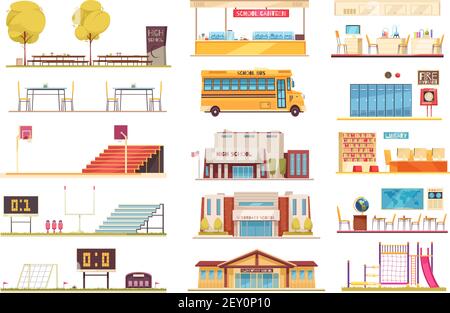 Collection d'éléments plats pour l'école avec bus jaune de stade de sport façade de bâtiment salle de classe bibliotheek intérieur illustration vectorielle Illustration de Vecteur