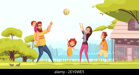 Vacances actives en famille des parents heureux avec des enfants pendant le jeu de balle en été, illustration vectorielle de dessin animé en extérieur Illustration de Vecteur