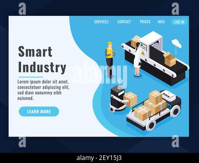 Composition de la page d'arrivée de l'industrie intelligente isométrique avec bouton en savoir plus et lie l'illustration vectorielle Illustration de Vecteur