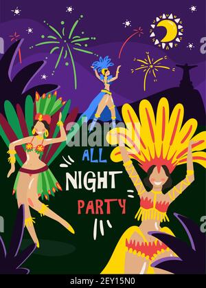 Brésil fête annuelle fête de fête de carnaval invitation avec des femmes dansantes illustration vectorielle dans les costumes de plumes de bikini colorés Illustration de Vecteur