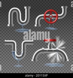 Éclatement de pipeline et gouttes et éclaboussures d'eau réalistes 2x2 concept isolé sur une illustration vectorielle transparente en arrière-plan Illustration de Vecteur