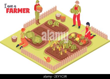 Composition isométrique de fond de jardin de ferme avec groupe de caractères humains ferme avec plantes et illustration vectorielle de texte Illustration de Vecteur