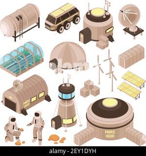 Les bâtiments de la base spatiale et les astronautes sur mars Isometric Set 3d illustration vectorielle isolée Illustration de Vecteur