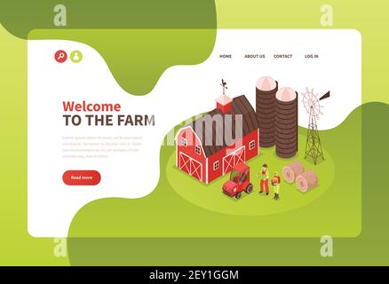 Bannière isométrique de concept de ferme avec éléments de page d'arrivée texte cliquable liens lire plus bouton et images illustration vectorielle Illustration de Vecteur