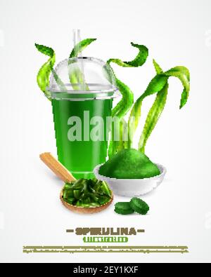 Spirulina supplément affiche blanche de fond avec la boisson en poudre d'algues séchées comprimés d'algues hachées illustration réaliste du vecteur de composition Illustration de Vecteur