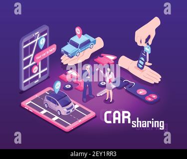 Composition isométrique de partage de voiture avec des images conceptuelles de l'écran tactile appareils voitures personnes et emplacement signes vecteur illustration Illustration de Vecteur