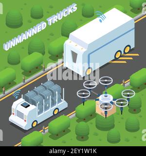 Voiture autonome véhicule sans conducteur transport robotique composition isométrique avec vue illustration vectorielle de l'autoroute de banlieue et des camions sans pilote Illustration de Vecteur