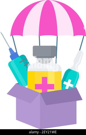Icône du plan d'administration du vaccin. Le parachute vole avec une boîte de vaccins. Illustration de Vecteur