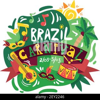 Brésil fête annuelle du carnaval dates annonce de composition poster avec national couleurs symboles de musique et instruments illustration vectorielle Illustration de Vecteur