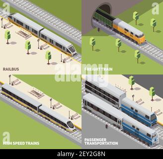 Concept de transport de passagers des trains à grande vitesse et du fret ferroviaire 4 icônes isométriques définissent l'illustration du vecteur isométrique Illustration de Vecteur