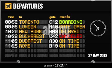 Tableau électronique noir de l'aéroport composition réaliste avec heures de départ et illustration du vecteur de direction de vol Illustration de Vecteur