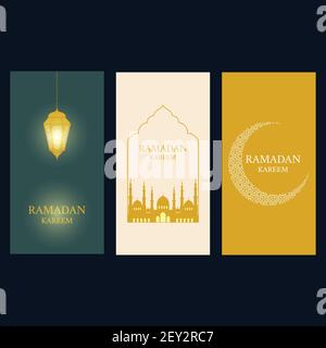 La fête musulmane du mois Saint de Ramadan Kareem. Ensemble d'affiches ou d'invitations avec croissant, lanterne et silhouette de dôme de mosquée. Vecteur i Illustration de Vecteur