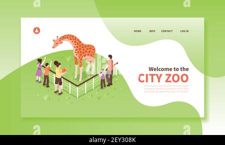 Isométrique zoo ouvriers bannière horizontale page de site Web avec texte cliquable légendes modifiables personnages de personnes et illustration vectorielle de girafe Illustration de Vecteur