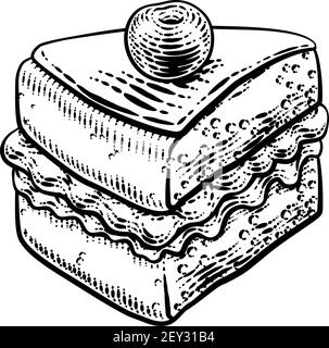 Gâteau Eponge Slice Jam Cream Woodcut dessin Illustration de Vecteur