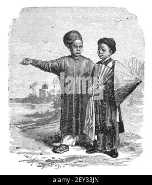 Enfants d'Annam, Vietnam d'aujourd'hui. Culture et histoire de l'Asie. Illustration ancienne vintage noir et blanc. 19e siècle. Banque D'Images