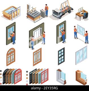 Fenêtres en PVC production icônes isométriques avec les travailleurs lors de la fabrication de la conception illustration de vecteur isolé de transport et d'installation Illustration de Vecteur