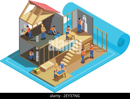 Ouvriers de construction avec des outils professionnels et le plan pendant la construction de illustration du vecteur de composition isométrique de la maison Illustration de Vecteur