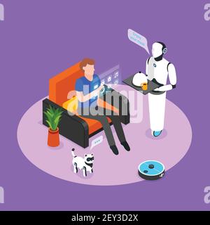 Assistant robotique humanoïde contrôlé par panneau holographique pour une maison intelligente illustration vectorielle de composition de fond isométrique de repas résident Illustration de Vecteur