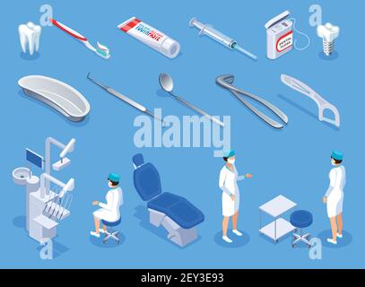 Kit d'icônes isométriques de dentiste d'équipement de stomatology articles d'hygiène implant et illustration vectorielle isolée des dents Illustration de Vecteur