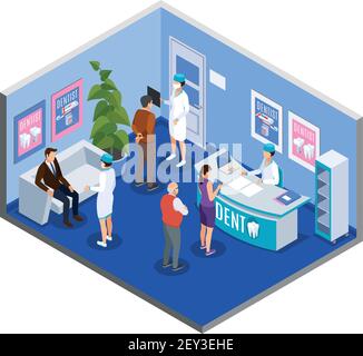 Cabinet de soins dentaires zone de réception salle d'attente composition isométrique avec illustration du vecteur de rendez-vous des patients sur le bureau Illustration de Vecteur