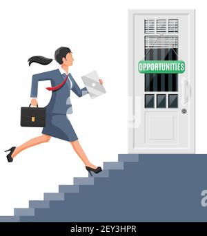 Femme d'affaires debout devant une porte fermée. Solution, gagnant, futur, réussite commerciale. Ouvrir la porte aux grandes opportunités. Réalisation et objectif. Illustration vectorielle plate Illustration de Vecteur