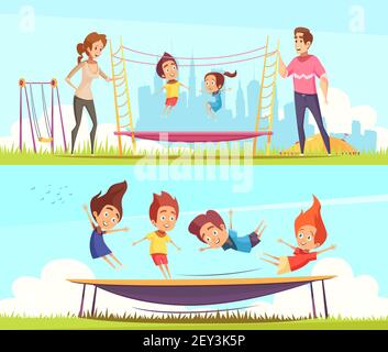 Ensemble de deux banderoles horizontales de trampolines sautant avec personnages humains illustration vectorielle des amis adolescents et des membres de la famille Illustration de Vecteur