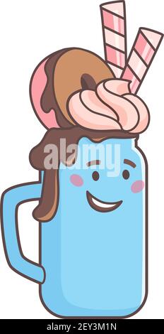 Un joli cocktail avec une délicieuse crème, des pailles et un beignet au chocolat. Vecteur sur fond blanc, style de dessin animé. Illustration amusante avec milkshake Illustration de Vecteur