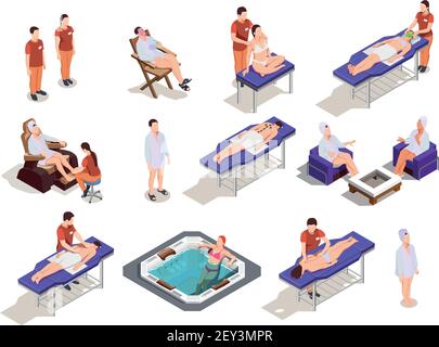 Icônes isométriques du salon de spa avec procédures pour les clients et le personnel illustration vectorielle isolée des soins du corps et du visage Illustration de Vecteur