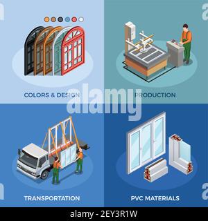 Fenêtres en PVC concept isométrique avec couleurs et conception de la production de matériaux et illustration de vecteur isolé de transport Illustration de Vecteur