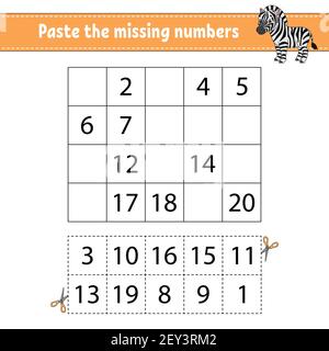 Coller les numéros manquants 1-20. Jeu pour enfants. Pratique de l'écriture manuscrite. Numéros d'apprentissage pour les enfants. Feuille de travail de développement de l'éducation. Page activité. ISO Illustration de Vecteur