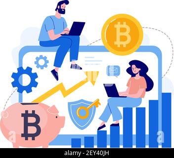 Le concept d'achat et d'échange de bitcoins à l'aide d'un ordinateur portable. Homme et femme. Vecteur, style plat. Technologies blockchain, bitcoins, altcoins, finance, marché monétaire numérique, la crypto-monnaie et son tableau de croissance Illustration de Vecteur