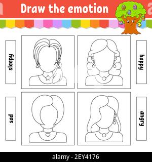 Dessinez l'émotion. Fiche de travail remplir le visage. Livre de coloriage pour enfants. Caractère joyeux. Illustration vectorielle. Silhouette de contour noire. Isolé sur Illustration de Vecteur