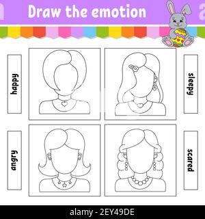 Dessinez l'émotion. Fiche de travail remplir le visage. Livre de coloriage pour enfants. Caractère joyeux. Illustration vectorielle. Silhouette de contour noire. Isolé sur Illustration de Vecteur