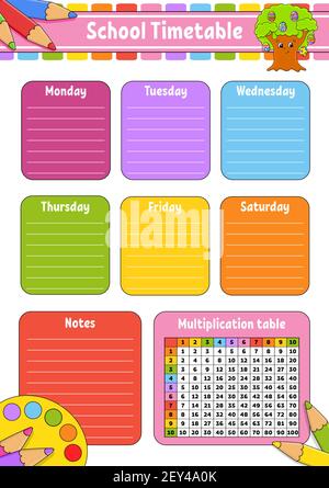 Calendrier scolaire avec table de multiplication. Pour l'éducation des enfants. Isolé sur un fond blanc. Avec un joli personnage de dessin animé. Illustration de Vecteur