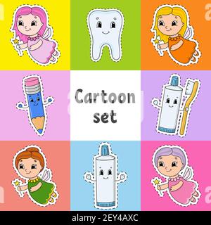 Ensemble d'autocollants avec de jolis personnages de dessin animé. Clipart dentaire. Dessiné à la main. Pack coloré. Illustration vectorielle. Collection de badges patch. Design de l'étiquette Illustration de Vecteur