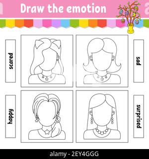 Dessinez l'émotion. Fiche de travail remplir le visage. Livre de coloriage pour enfants. Caractère joyeux. Illustration vectorielle. Silhouette de contour noire. Isolé sur Illustration de Vecteur