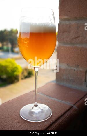 Verre de bière au coucher du soleil Banque D'Images