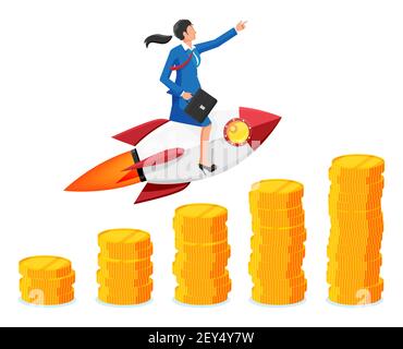 Une femme d'affaires prospère qui vole sur une fusée sur le graphique à pièces de monnaie monter. Femme d'affaires sur un vaisseau spatial volant. Nouvelle entreprise ou démarrage. Idée, croissance, réussite, stratégie de démarrage. Illustration vectorielle plate Illustration de Vecteur