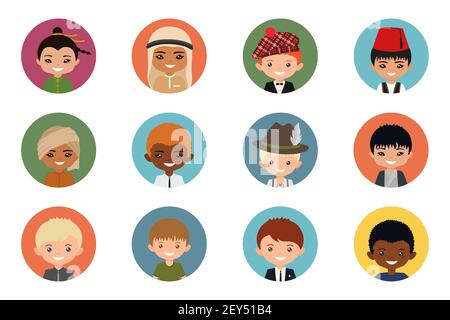 Icônes d'utilisateur d'hommes de différentes nations sur fond multicolore. Style dessin animé plat. Illustration vectorielle Illustration de Vecteur