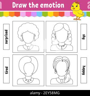 Dessinez l'émotion. Fiche de travail remplir le visage. Livre de coloriage pour enfants. Caractère joyeux. Illustration vectorielle. Silhouette de contour noire. Isolé sur Illustration de Vecteur