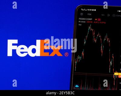 Ukraine. 5 mars 2021. Dans cette illustration, l'information sur le marché boursier de FedEx Corporation s'affiche sur un téléphone intelligent, tandis que le logo de FedEx Corporation apparaît en arrière-plan. Credit: Igor Golovniov/SOPA Images/ZUMA Wire/Alamy Live News Banque D'Images