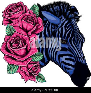 illustration vectorielle zèbre à tête bleue avec roses roses roses Illustration de Vecteur