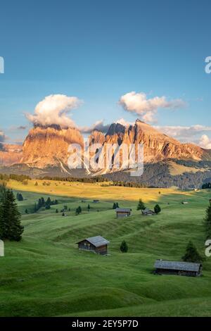 Seiser Alm, paysage de l'Alpe di Siusi, Alpes Dolomites, Italie. Vue sur le coucher du soleil Banque D'Images