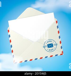 Enveloppe ouverte avec cachet du service postal de l'Air Mail et une lettre vierge à l'intérieur, volant dans le ciel avec des nuages. Illustration du vecteur de concept de message volant, avec espace de copie. Illustration de Vecteur