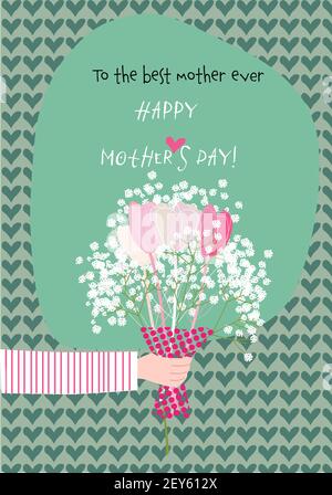 Main d'une personne donnant un bouquet de fleurs de paniculata à maman. Carte de vœux de bonne fête des mères. Illustration vectorielle Illustration de Vecteur