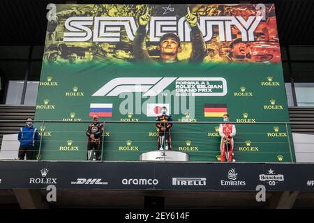 Podium, Mazepin Nikita (rus), Grand Prix Hitech, Dallara F2 2018, Tsunoda Yuki (jpn), Carlin, Dallara F2 2018, Schumacher Mick (ger), Prema Racing, Dallara F2 2018, Portrait, ambiance au cours de la 7e manche du Championnat de Formule 2 2020 de la FIA du 28 au 30 août 2020 sur le circuit de Spa-Francorchamps, à Stavelot, près de Liège, Belgique - photo Sebastian Rozendaal / Dutch photo Agency / DPPI Banque D'Images