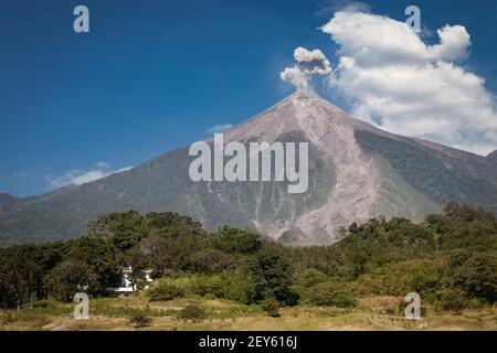 Le volcan Fuego (feu) émet un nouveau panache de cendres quelques mois après l'éruption dévastatrice de juin 2018, vue depuis le terrain du parcours de golf de la Reunion Banque D'Images