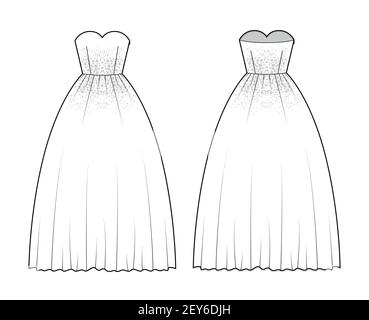 Robe à la crinoline illustration technique de la mode avec encolure en forme de coeur sans bretelles, longueur du sol, jupe complète, motif ornement. Modèle plat à l'avant, à l'arrière, de couleur blanche. Femmes, maquette de CAO unisex Illustration de Vecteur